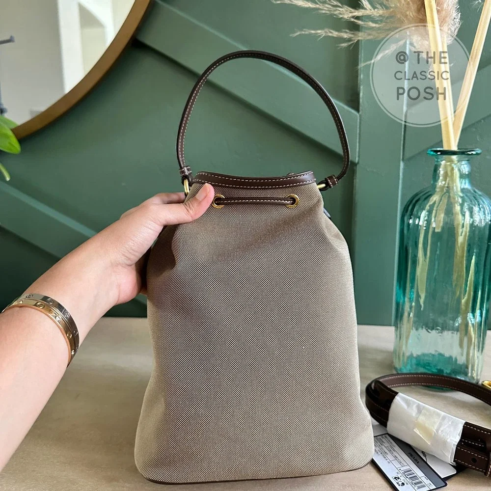 NEW Prada Jacquard Logo Bucket Brown Canvas Tote Small Crossbody Bag